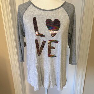 Justice 18/20 Shimmery Silver & Gray, ‘Love’ Flip Sequin Henley T-Shirt.
